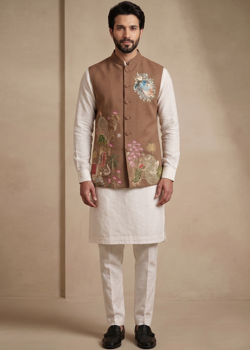 White Nehru Jacket With Embroidered Nehru Jacket