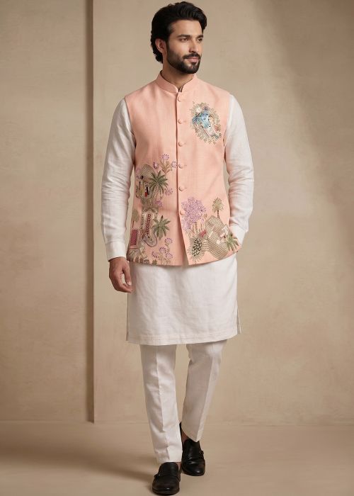 White Kurta Pant With Scenic Embroidery jacket