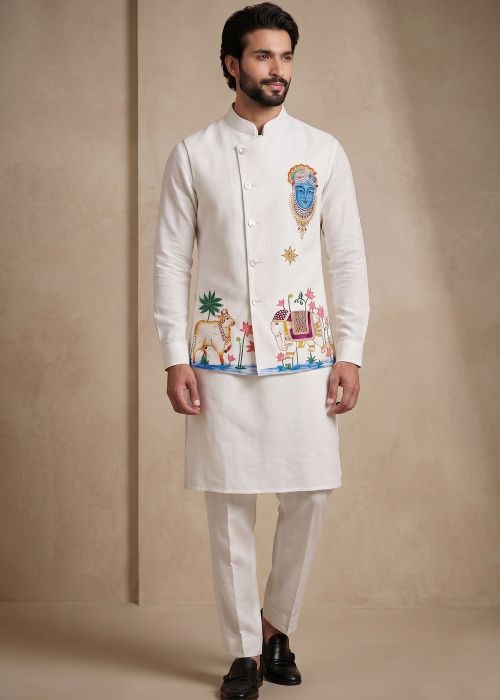 White Kurta Pant With Embroidered Jacket