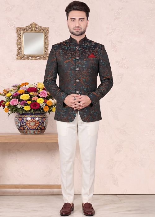Navy Blue Jacquard Jodhpuri Suit With Woven Motifs