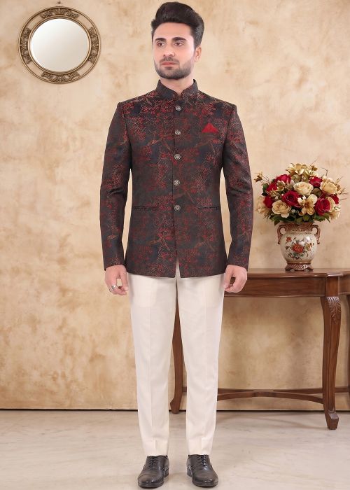Navy Blue Jodhpuri Suit With Woven Motifs