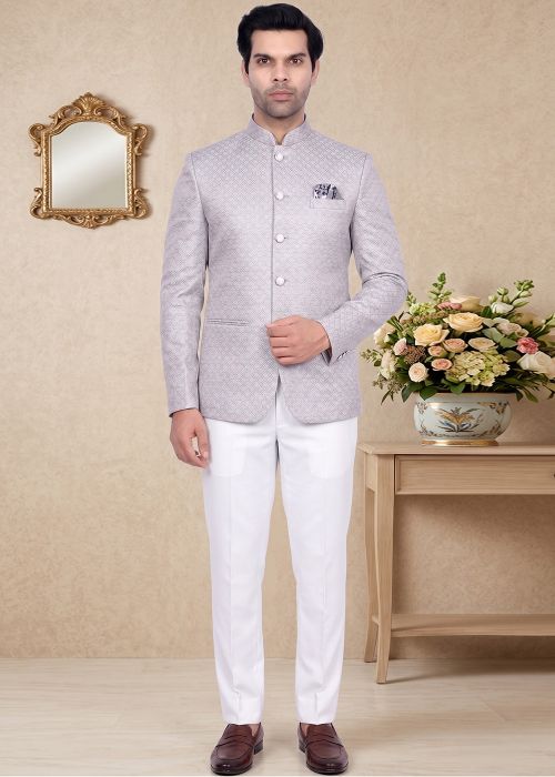 Grey Jacquard Jodhpuri Suit With Woven Design