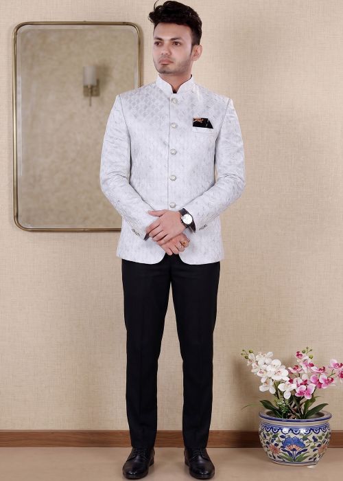 Light Grey Jacquard Jodhpuri Suit With Motifs