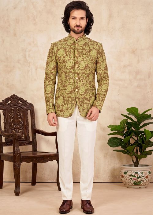 Green Jacquard Jodhpuri Suit With Motifs