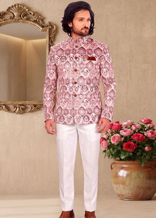 Pink Velvet Bandhgala Jodhpuri Suit With Motifs