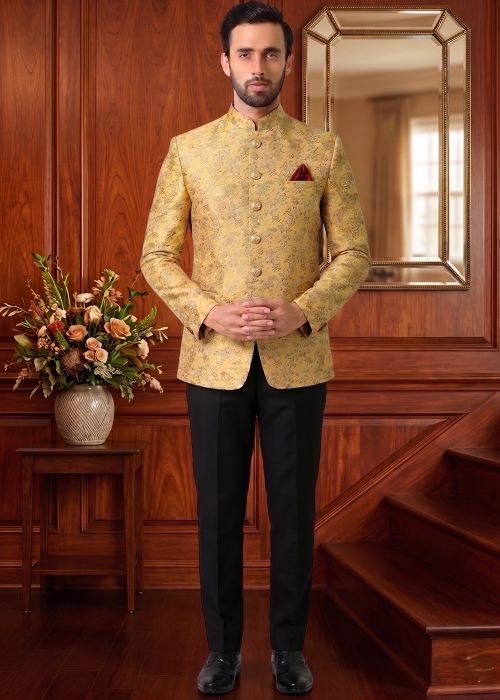 Yellow Jacquard Jodhpuri Suit With Woven Motifs