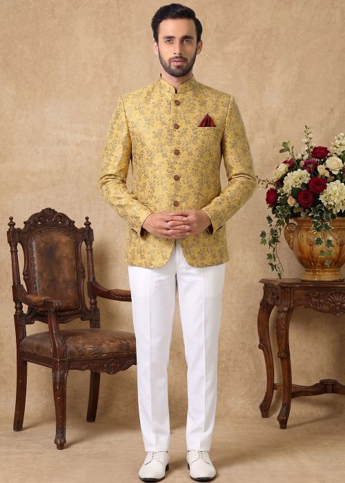 Gold Jacquard Jodhpuri Suit With Leaf Motifs