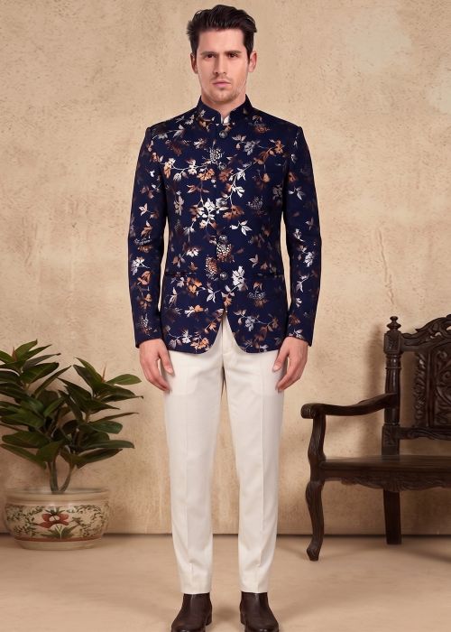Navy Blue Floral Rayon Jodhpuri Suit