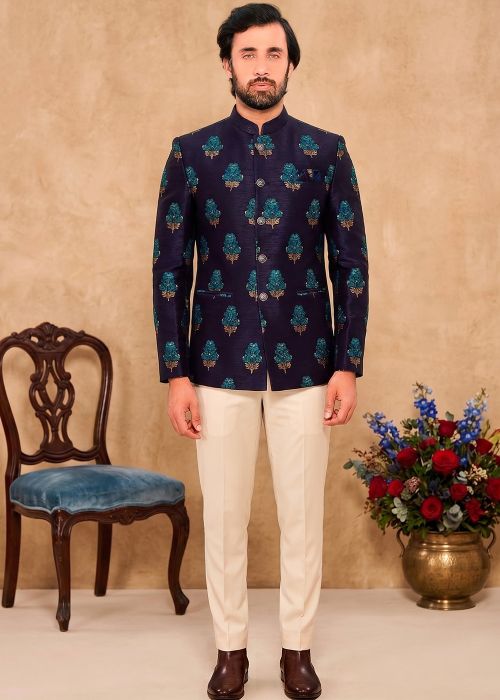 Navy Blue Jacquard Jodhpuri Suit With Floral Motifs