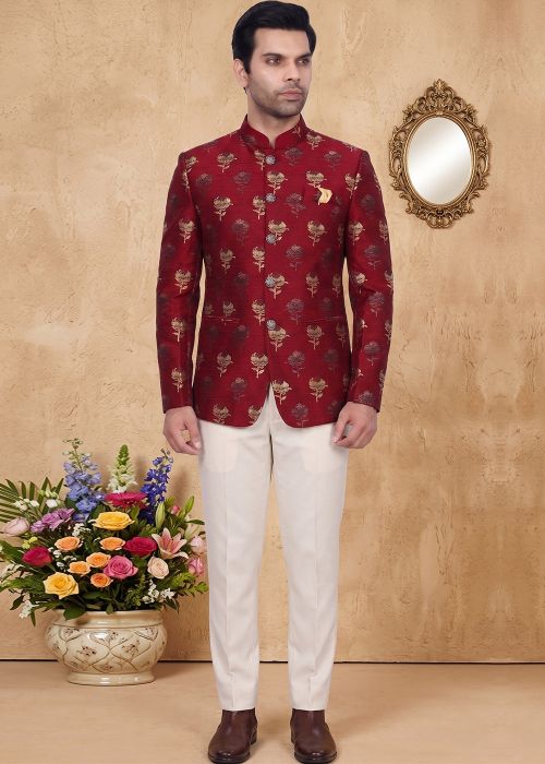 Maroon Jacquard Jodhpuri Suit With Floral Motifs