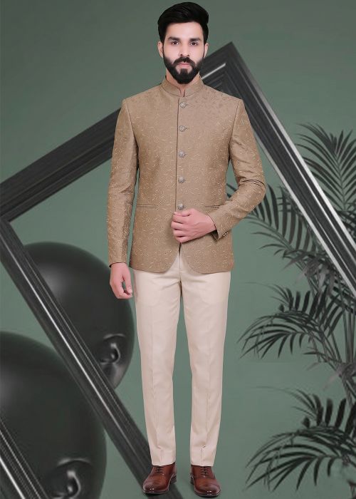 Brown Jacquard Woven Bandhgala Jodhpuri Suit