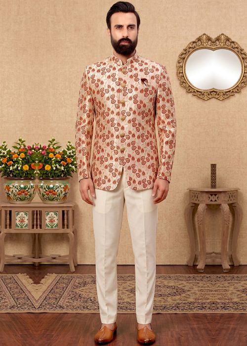 Beige Woven Bandhgala Jodhpuri Suit