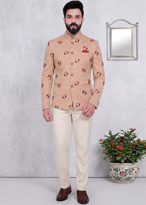 Peach Floral Men Bandhgala Jodhpuri Suit