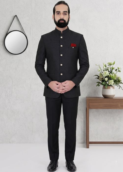 Black Textured Bandhgala Jodhpuri Suit