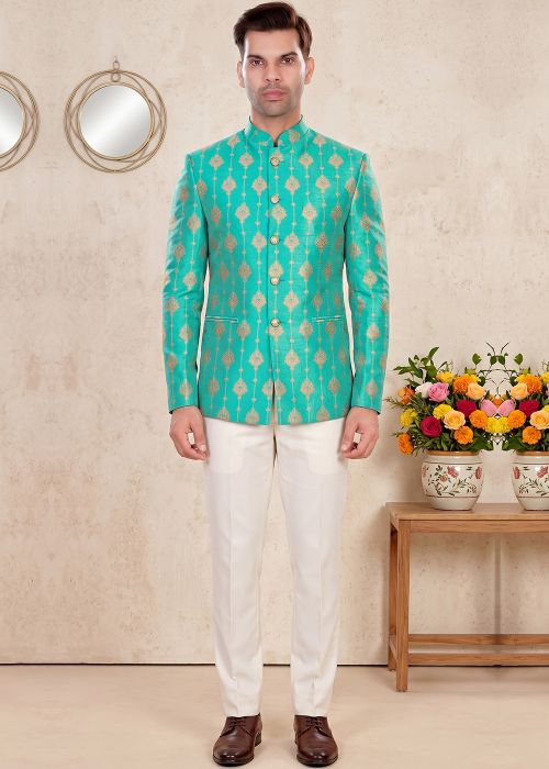 Turquoise Jodhpuri Suit With Gold Weave
