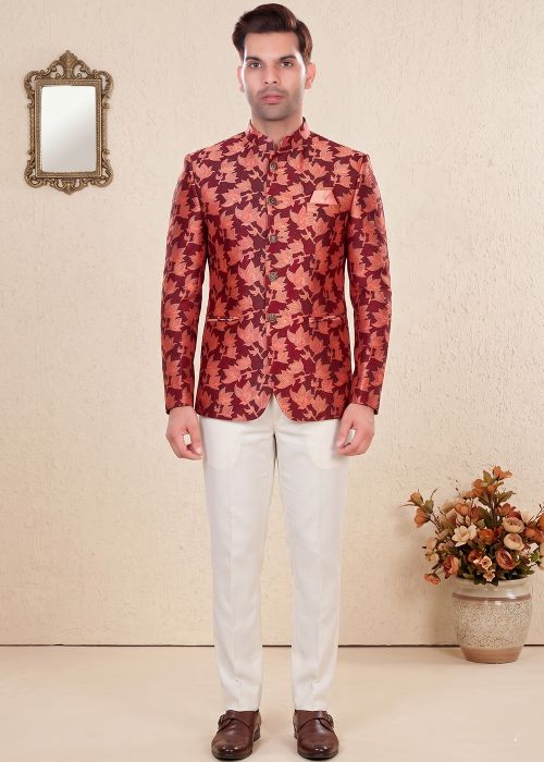 Maroon Floral Jacquard Jodhpuri Suit