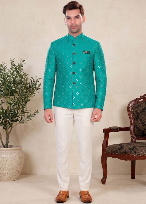 Turquoise Sequins Work Silk Bandhgala Suit