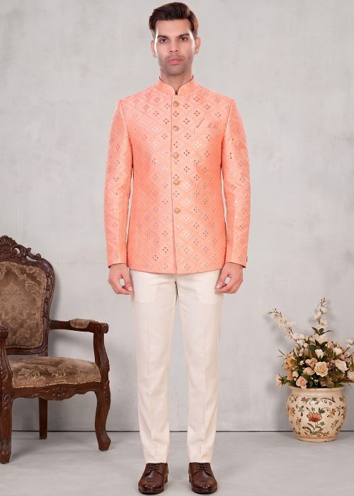 Peach Jacquard Jodhpuri Suit With Sequins