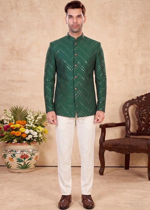 Green Silk Bandhgala Suit With Sequins Work