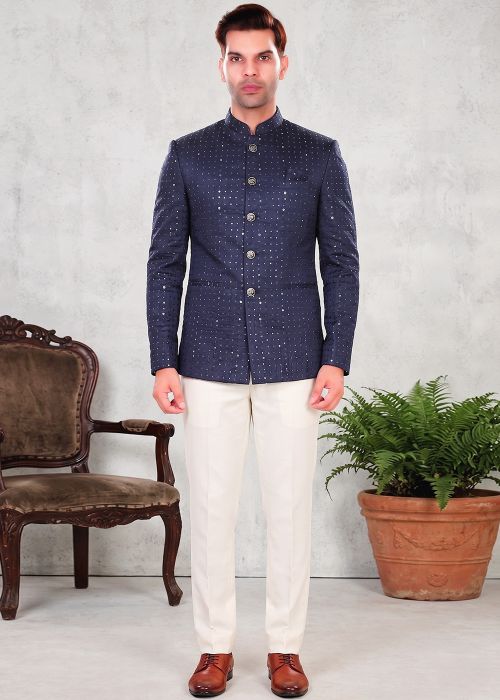 Navy Blue Silk Jodhpuri Suit With Embroidery