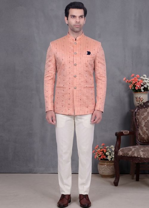 Peach Silk Bandhgala Suit With Sequins