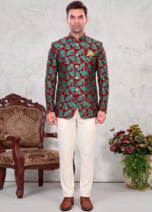 Maroon Floral Silk Bandhgala Jodhpuri Suit