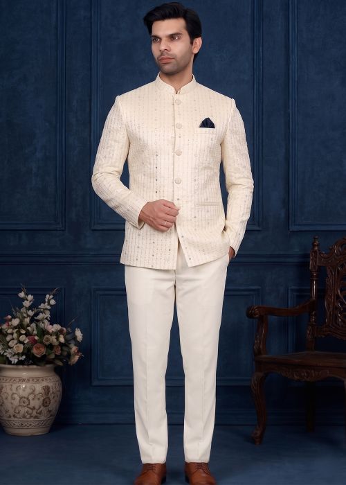 Cream Silk Bandhgala Suit With Woven Work