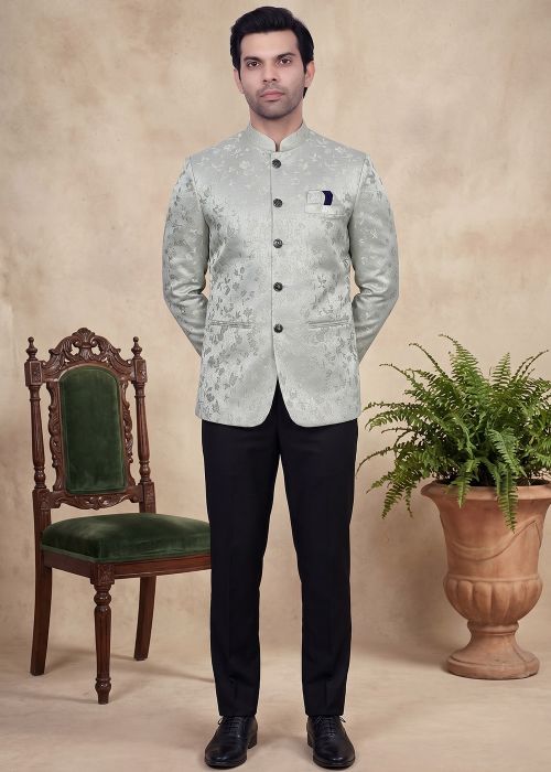 Grey Jacquard Bandhgala Suit With Woven Work