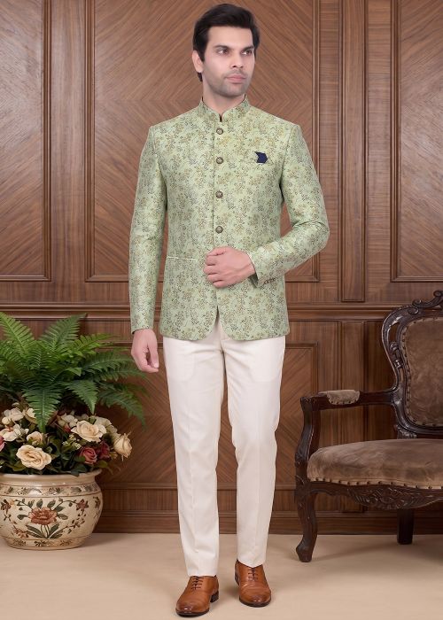Sage Green Jacquard Jodhpuri Suit