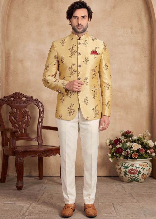 Golden Woven Jacquard Jodhpuri Suit For Men