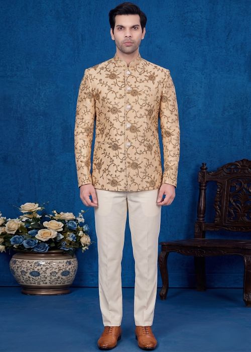 Beige Silk Woven Bandhgala Suit For Men