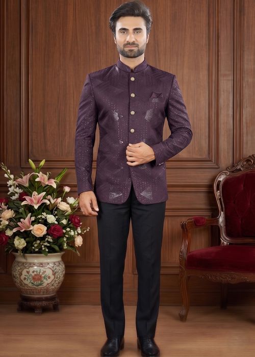 Wine Rayon Jodhpuri Suit With Black Pant
