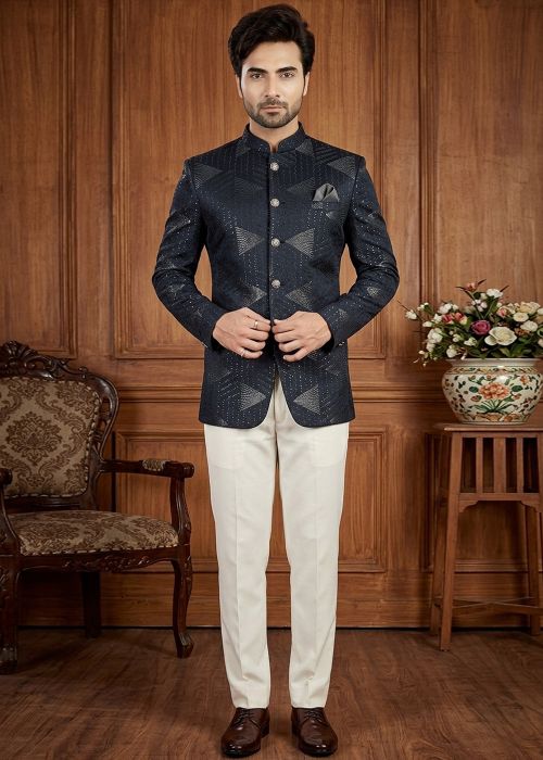 Navy Blue Rayon Jodhpuri Suit With Cream Pant
