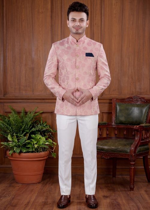 Blush Pink Jacquard Jodhpuri Suit For Men