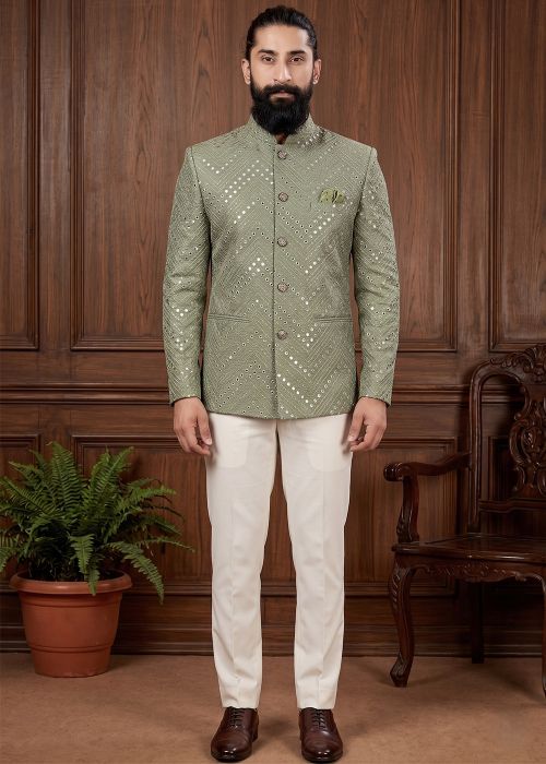 Green Embroidered Jodhpuri Suit For Men