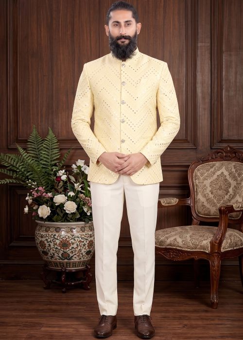 Pastel Yellow Embroidered Silk Jodhpuri Suit
