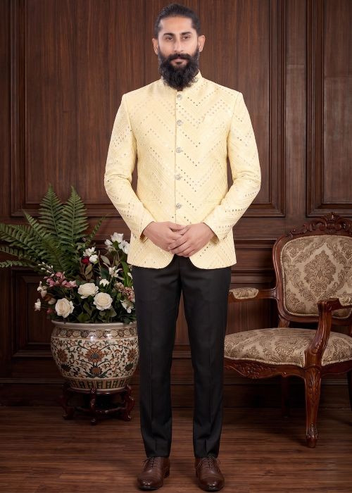 Yellow Silk Jodhpuri Suit With Black Pant