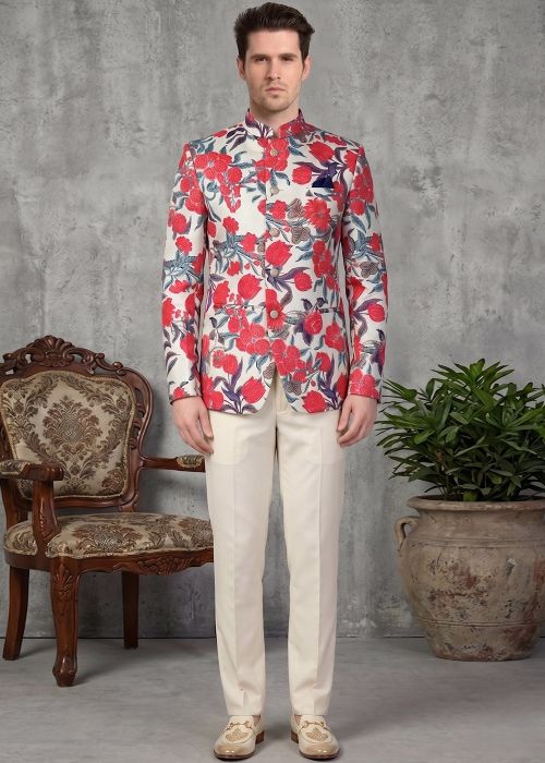 Off White Floral Print Rayon Jodhpuri Suit