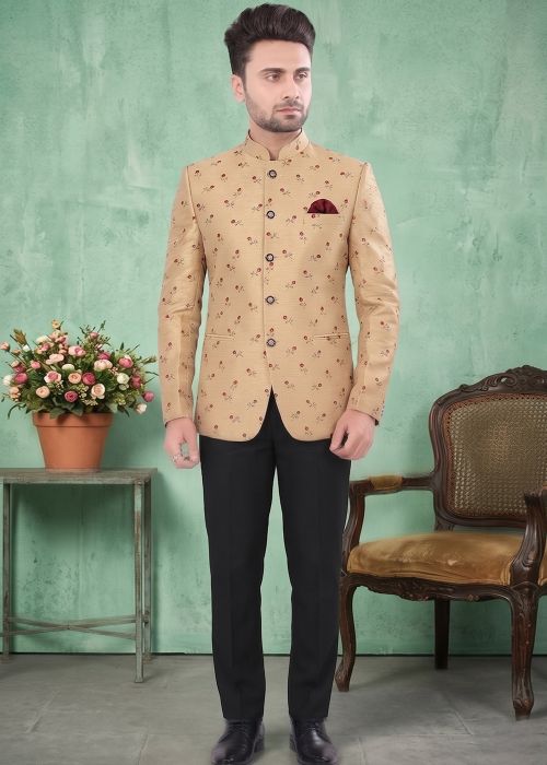 Beige Floral Woven Jacquard Jodhpuri Suit