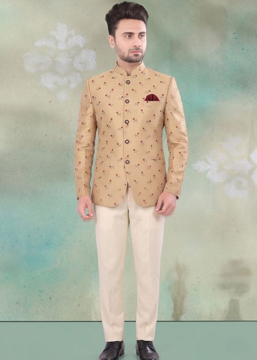 Beige Floral Jodhpuri Suit With Cream Pant