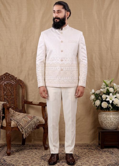 Off White Embroidered Jodhpuri Suit For Men