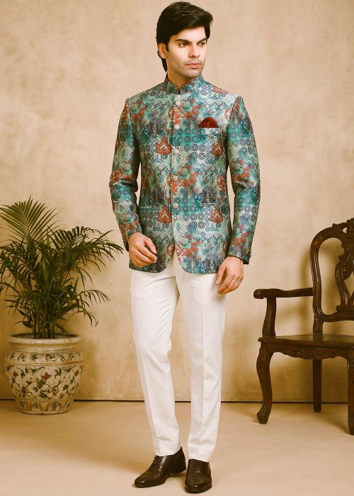 Teal Green Printed Rayon Jodhpuri Suit