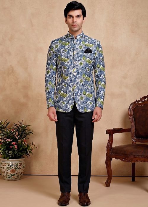 Blue Floral Print Bandhgala Jodhpuri Suit
