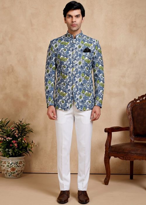 Blue Floral Bandhgala Suit For Men