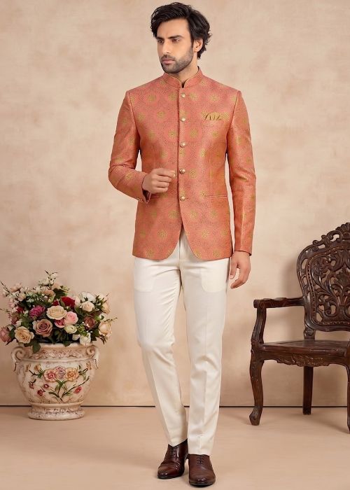 Peach Woven Bandhgala Jodhpuri Suit