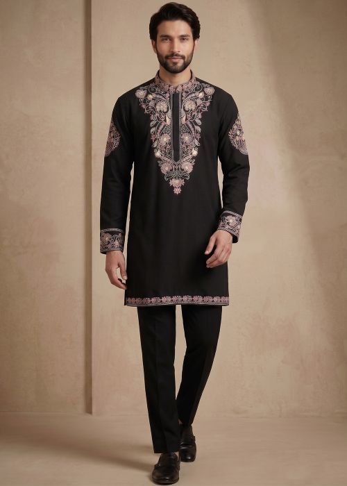 Black Satin Kurta Pant With Thread Embroidery