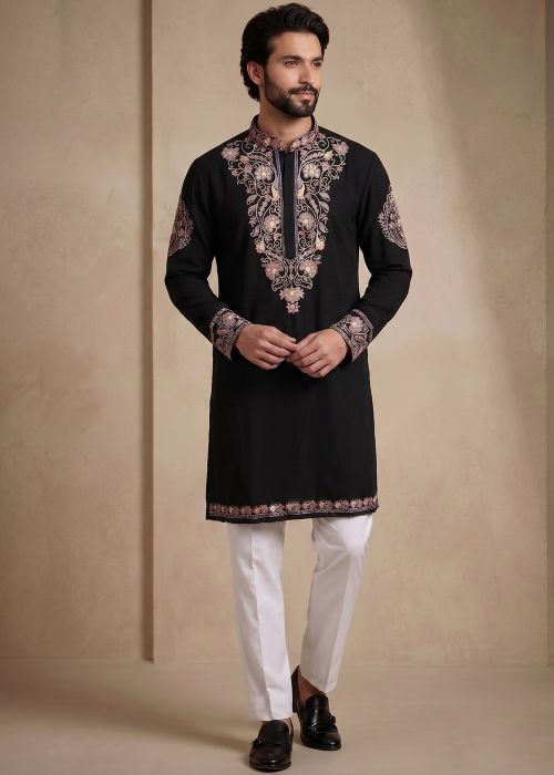 Black Embroidered Satin Kurta Pant Set