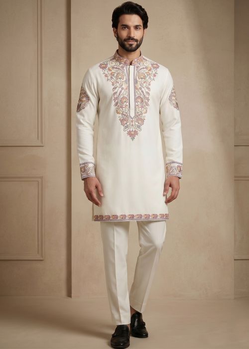 White Satin Kurta Pant With Floral Embroidery
