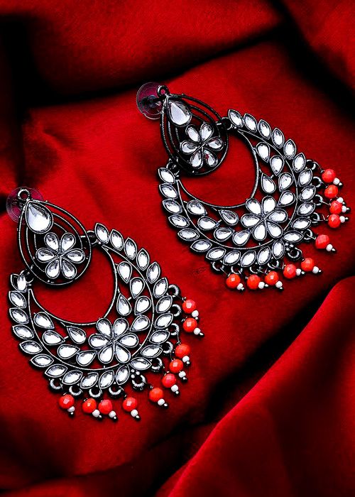 Silver and Red Oxidised Stone Studded Earrings
