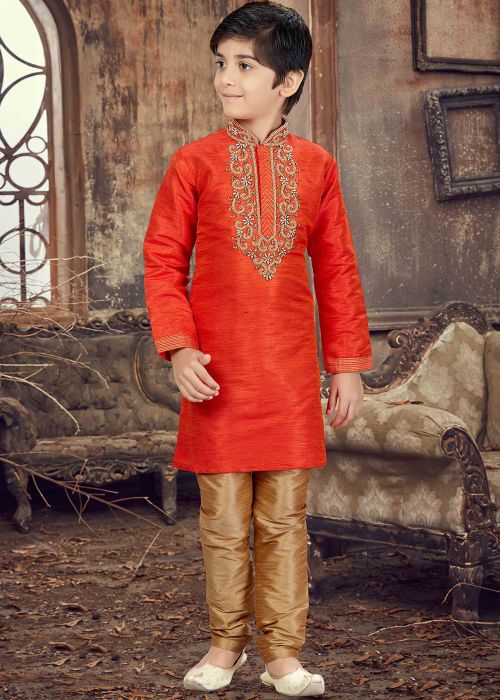 Orange Art Silk Kids Kurta Pyjama Set